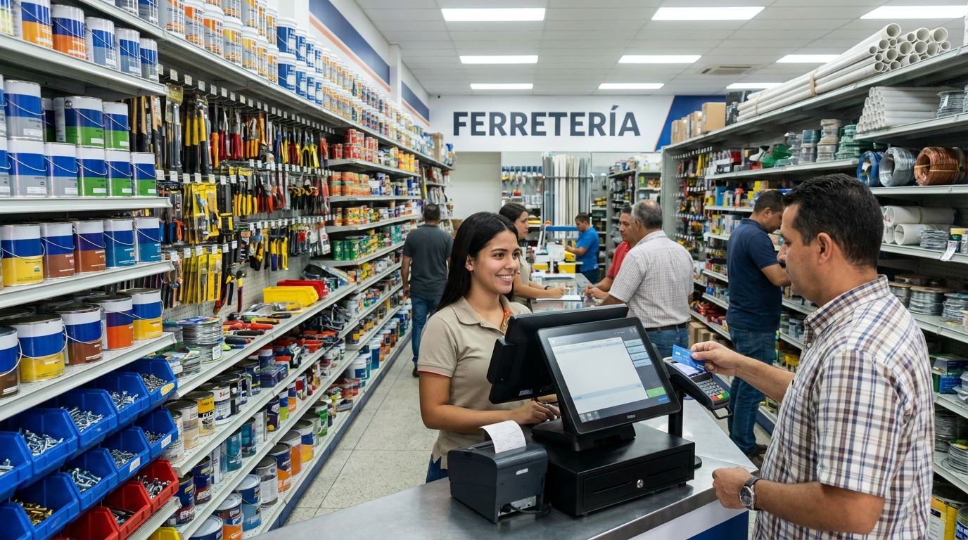 Cajera de una ferretería grande cobrándole a un cliente con tarjeta en el punto, con la caja de pantalla táctil y pasillos llenos de herramientas y pinturas