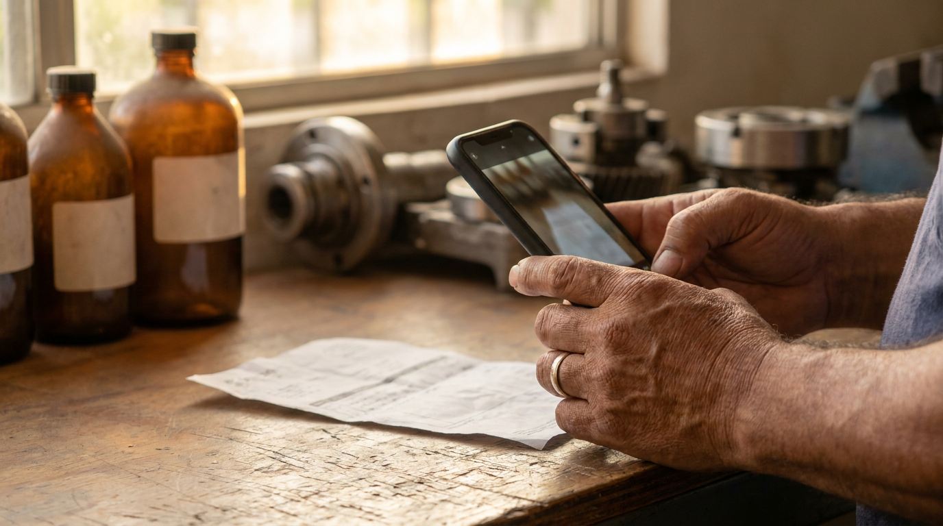 Manos de un comerciante tomando con el teléfono una foto a una factura de papel sobre un mesón de madera
