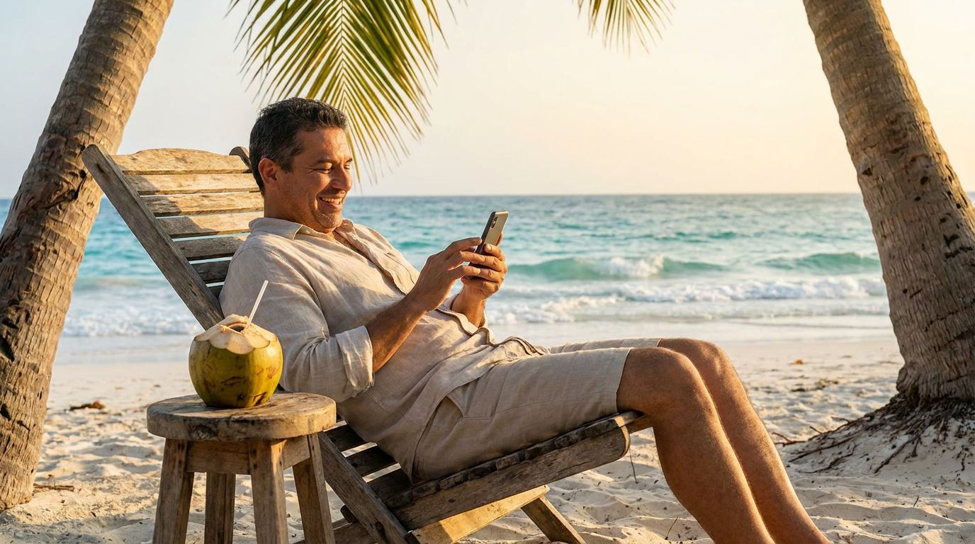 Dueño de negocio de vacaciones en una playa del Caribe, sentado bajo una palmera, sonriendo mientras revisa su teléfono